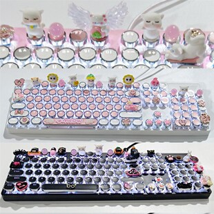 手工朋克猫咪104女生热插v拔可爱有线青轴卡通机械红茶键盘粉色