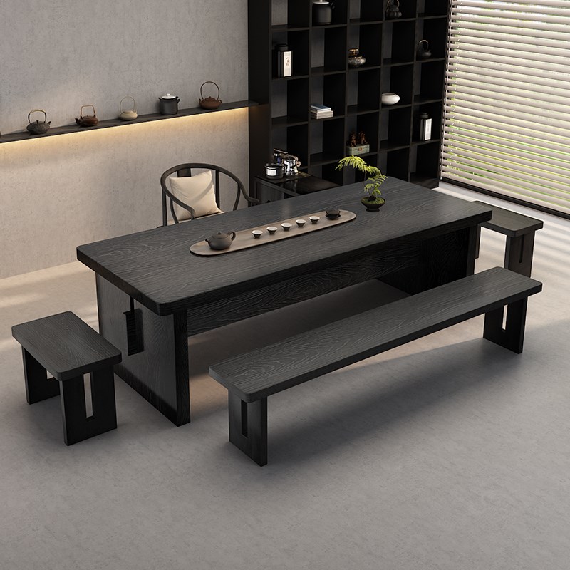 实木侘寂风黑色茶台茶桌家用客厅茶几办公室实木泡茶喝茶桌椅套装