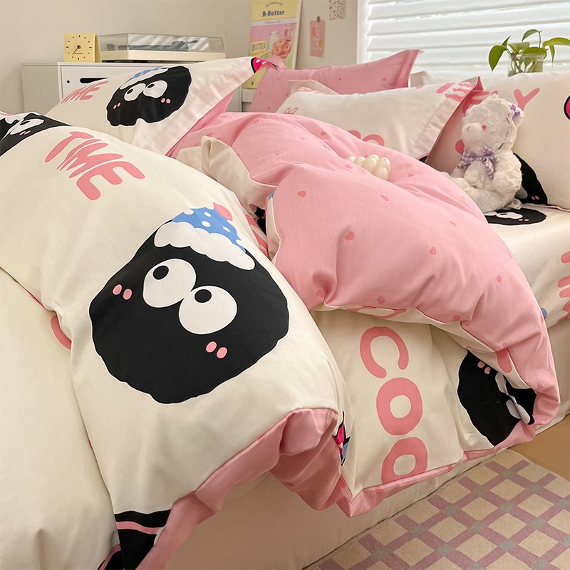 卡通小煤球全棉床上四件套100纯棉亲肤被套床单人三件套ins风床品