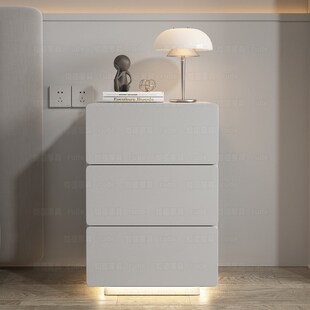 床头柜带灯全实木奶油风r极简约现代智能卧室床边小柜子三抽屉60c