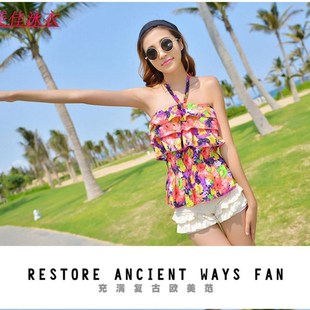 包邮 女士泳衣分体平角泳装 荷叶花边紧腰抹胸保守带钢托有胸垫