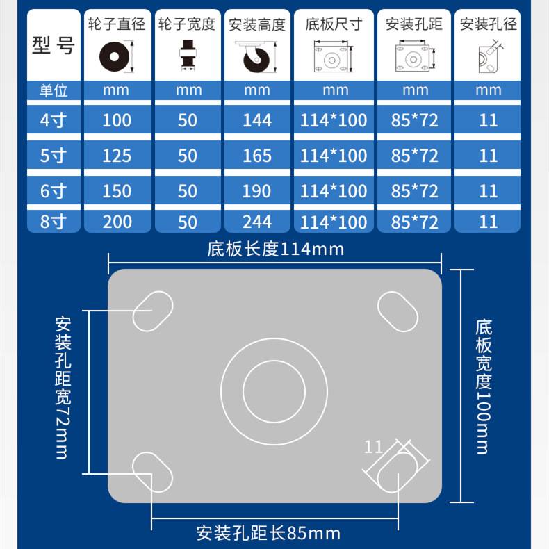 重型脚轮4/5/6/8寸工业手推车万向轮静音TPR带刹车滚轮防静电脚轮
