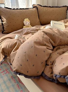 21148A类小边清新丝花水洗棉床上四件套学生宿蕾舍床单被套纯皱皱