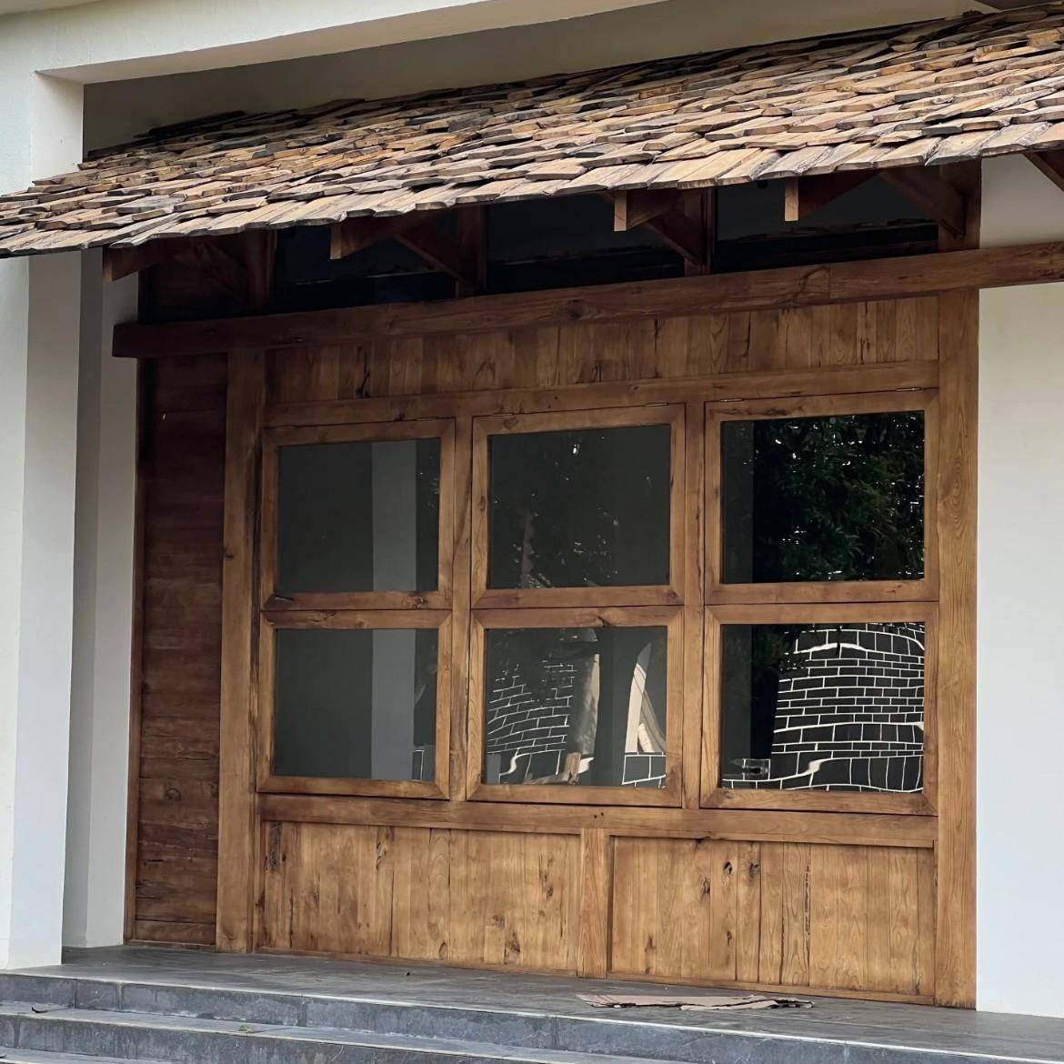 实木提拉叠窗室内断窗商隔用原木窗风压花玻璃厨房窗折上下折叠