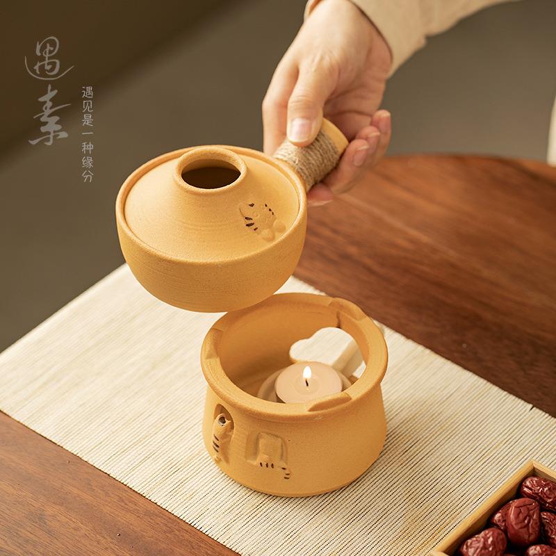 复粗陶茶壶酒精蜡炉茶加热烤古罐侧把壶烤奶罐围炉煮茶套烛装KCL-