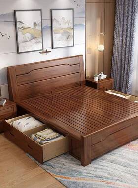 新中式1胡桃木简实木床.8m轻高箱储物281.5m现代约奢单人床厂家
