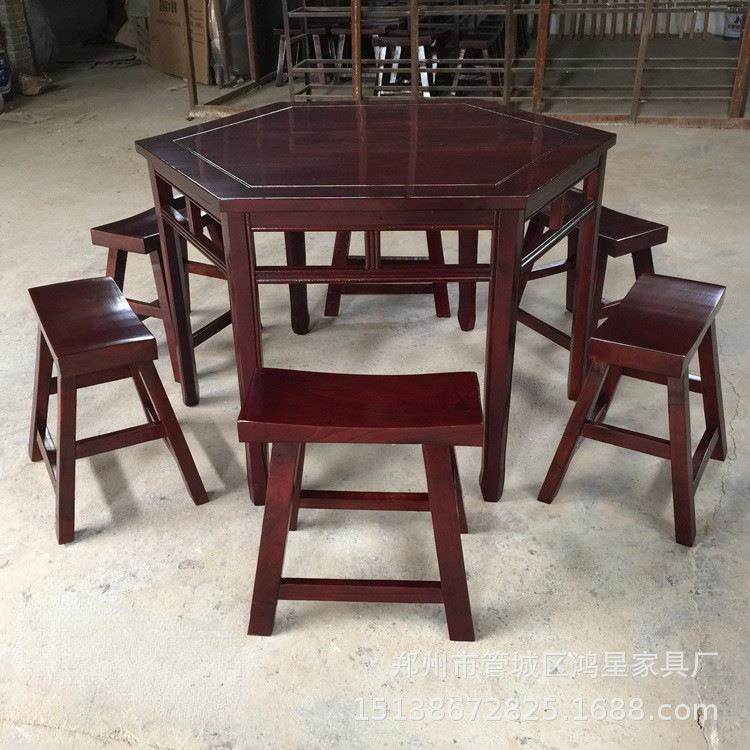 实实木餐123132桌椅碳化椅仿古桌椅六角餐木六桌角碳化木餐桌组合