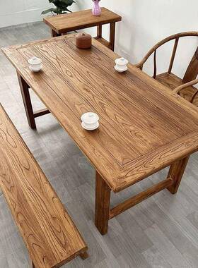 老榆木书桌桌约书法桌中新简式复古茶桌长方形餐桌实BJA木写字工