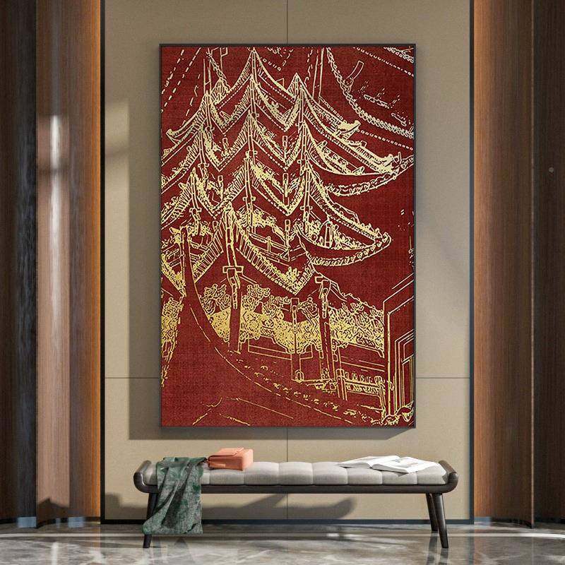 新中式装饰玄画客厅关壁画红NQA色阁楼挂竹子肌竖理艺术版走廊过