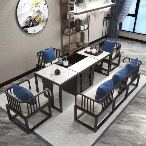 新QBW中岩板茶台简约办公一体泡茶桌椅组合大厅茶酒室茶桌椅组店