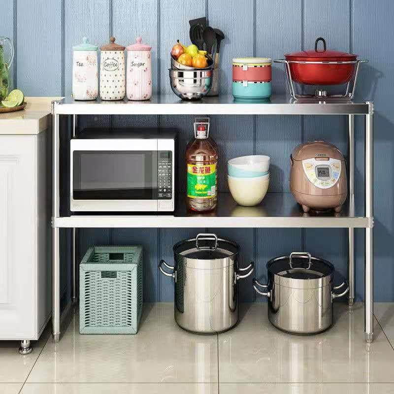 架厨房置物架产不X8N7Deaf锈钢三层收落纳架柜地层储物微波炉生烤