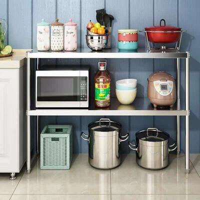架厨房置物架产不X8N7Deaf锈钢三层收落纳架柜地层储物微波炉生烤