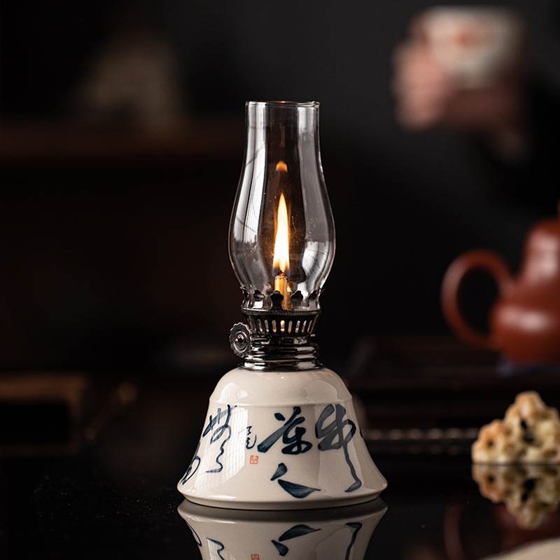 中式复古陶瓷酥油灯手绘诗文煤油灯防风灯盏书房卧室小夜灯氛围灯