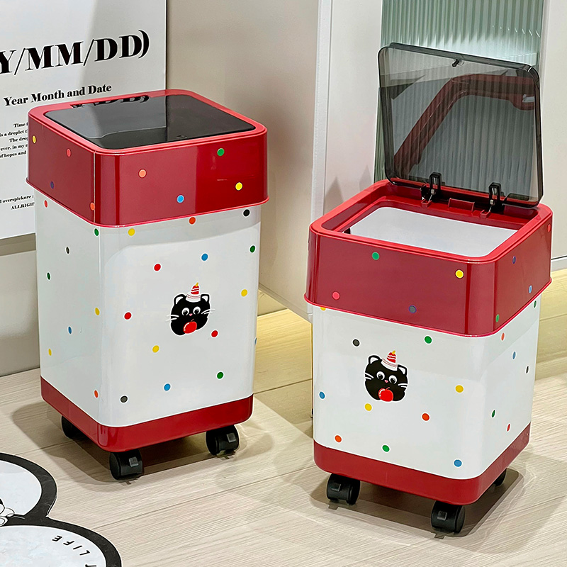 滑轮带盖垃圾桶新房结婚红色