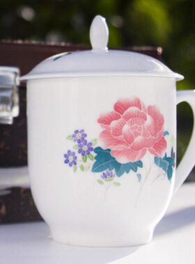 正品毛瓷茶杯醴陵釉下五彩瓷器对杯陶瓷带盖办公水杯会议用瓷芙蓉