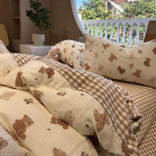 可爱小呆熊 | 卡通双层皱皱纱格子水洗棉四件套全棉公寓床上用品,居家布艺,汗蒸服,淘宝优惠券,粉丝福利购,淘宝优惠卷