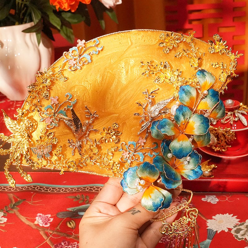 非遗绒花结婚新娘礼物用品送闺蜜送朋友喜扇团扇新婚礼物新娘