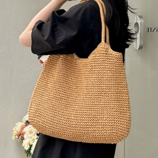 法式 简约单肩包百搭草包编织包度假沙滩包手提包 大容量草编包新款