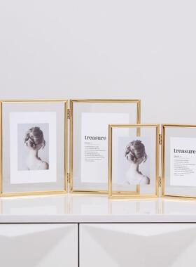 玻璃摆件欧式摆AXF台相框照折叠连体双面明6寸寸8寸170寸透金属片