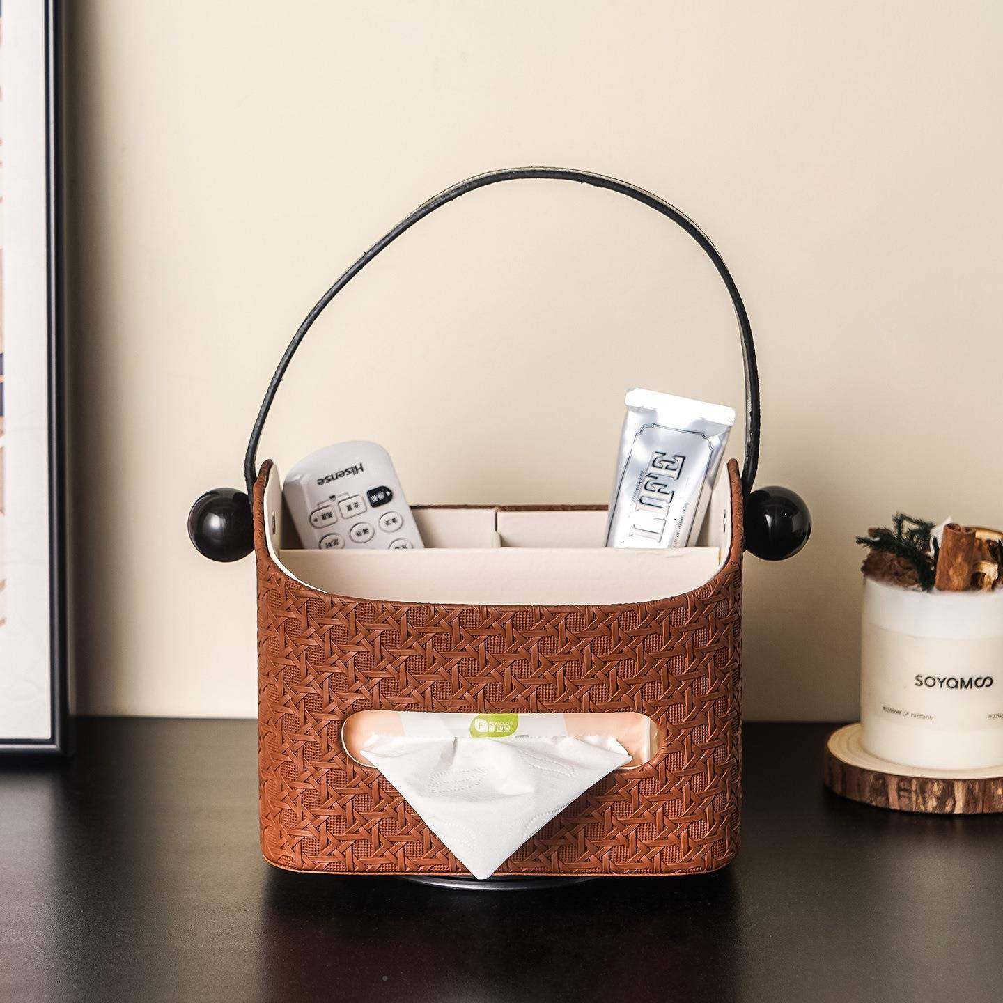 悬挂手提皮革纳篮纸巾家用桌面分盒格多功能抽纸遥控765器收置盒