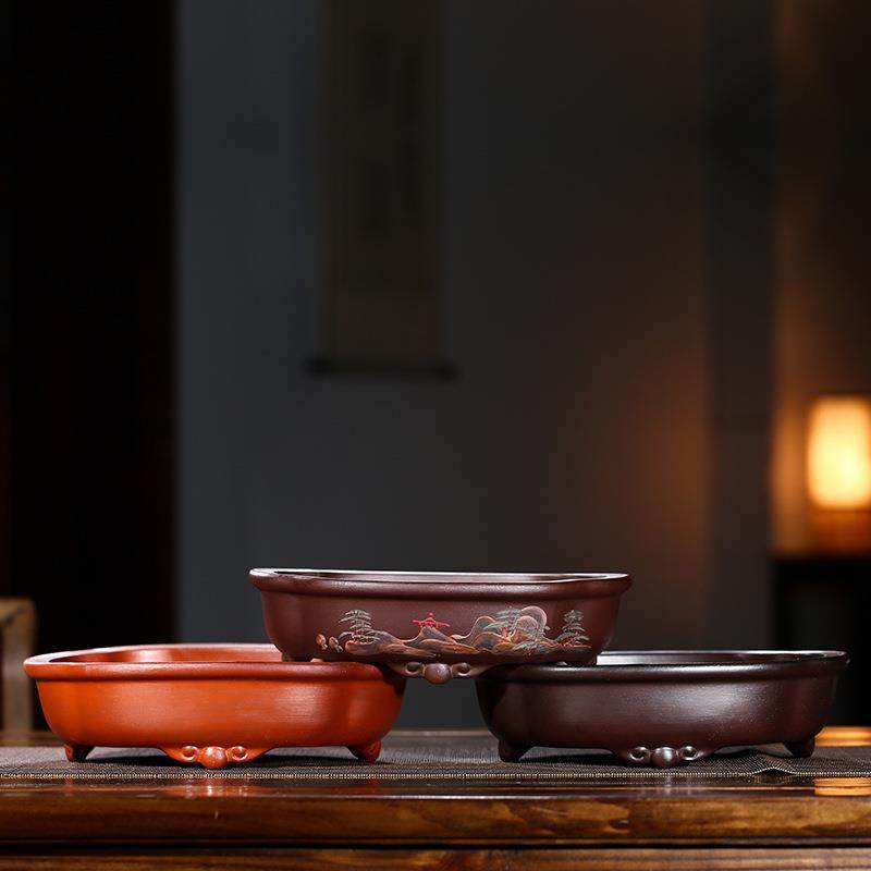 紫砂花盆复古海刻假山文棠竹树老桩多海棠肉大号圆z绘sd17榕盆室