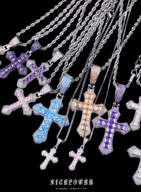 NICEPOWER 梯方满钻十字架吊坠 潮男十字架网红欧美饰品