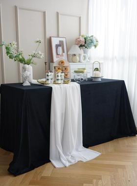 纯黑色桌布丝绒高级感甜品台布生日宴会背景装饰布置拍照摄影定制