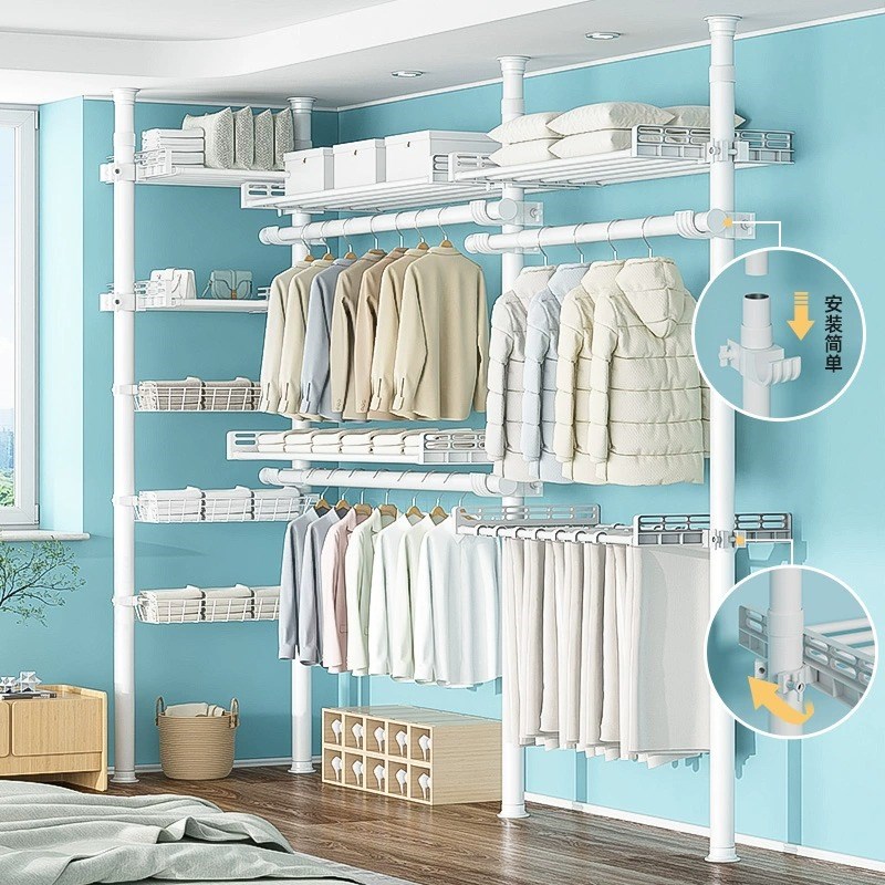 家用顶天立地杆隔断置物架卧室收纳开放式衣帽间简易落地金属衣柜