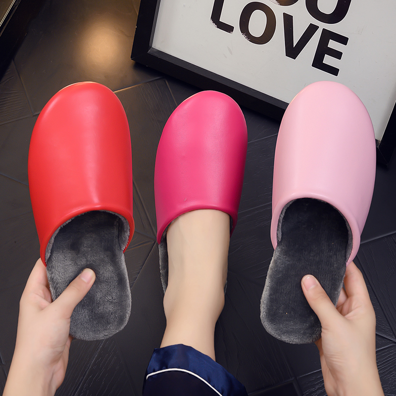 日式手工防水皮加绒家居室内防滑秋冬季棉拖鞋女家用地板软底无声