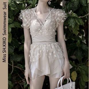 淑惠显瘦保c守泳衣女加肥加大裙式平角裤泳装V领挂脖温泉度假游泳