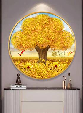 发财圆形玄关装树MPN画聚餐宝盆金元摇饰钱树福鹿现代招财进宝厅