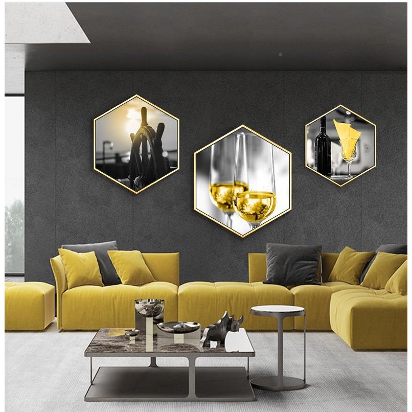 北欧厅背景饭墙装画轻奢饰风金色六边形LB-A005挂画厅餐餐桌墙壁