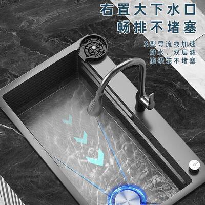 工纳米涂层不锈钢蜂窝压纹厨房一体水槽单槽单数显飞雨CSKS1002瀑
