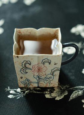 青花火石红陶瓷家杯用单绘杯主人杯带把茶纯TD-1534手芙蓉花品茗