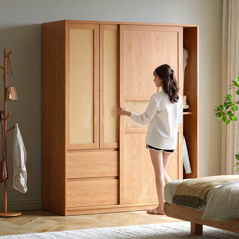 实木橡木推拉衣柜藤门编合柜子家用卧室小推拉门衣移户型门大衣组