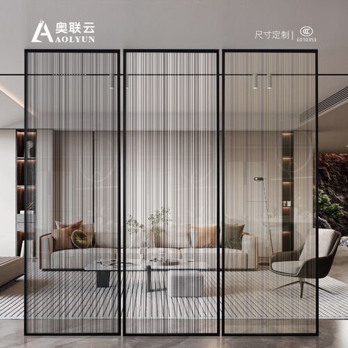 夹丝玻璃推拉门双层钢化夹绢隔断屏风艺术玻璃Q入户玄关背景墙定