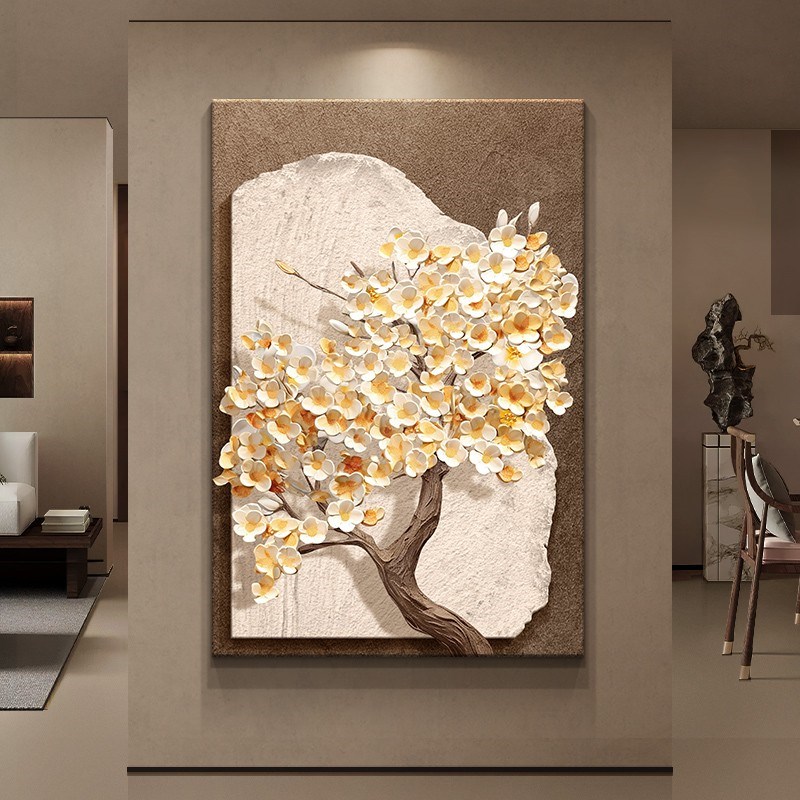 发财树玄关装饰画 画侘寂风走廊过道肌理壁画 画竖版客厅沙发背景图片