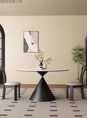 法式奶油岩板圆t255875形餐桌风家居现代约圆小户简型桌家用饭桌
