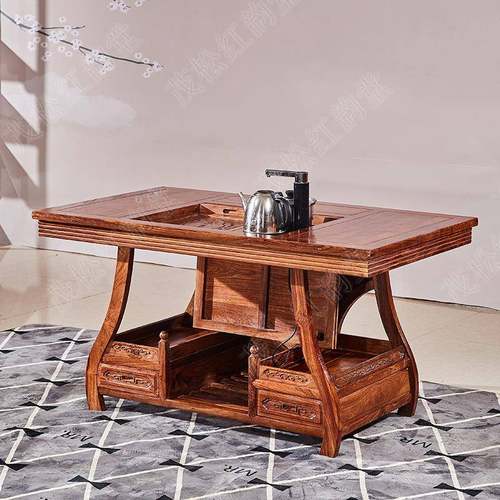 红木桌椅组合小茶功台夫茶茶几刺猬紫檀实LMZ木客厅红木茶桌元宝