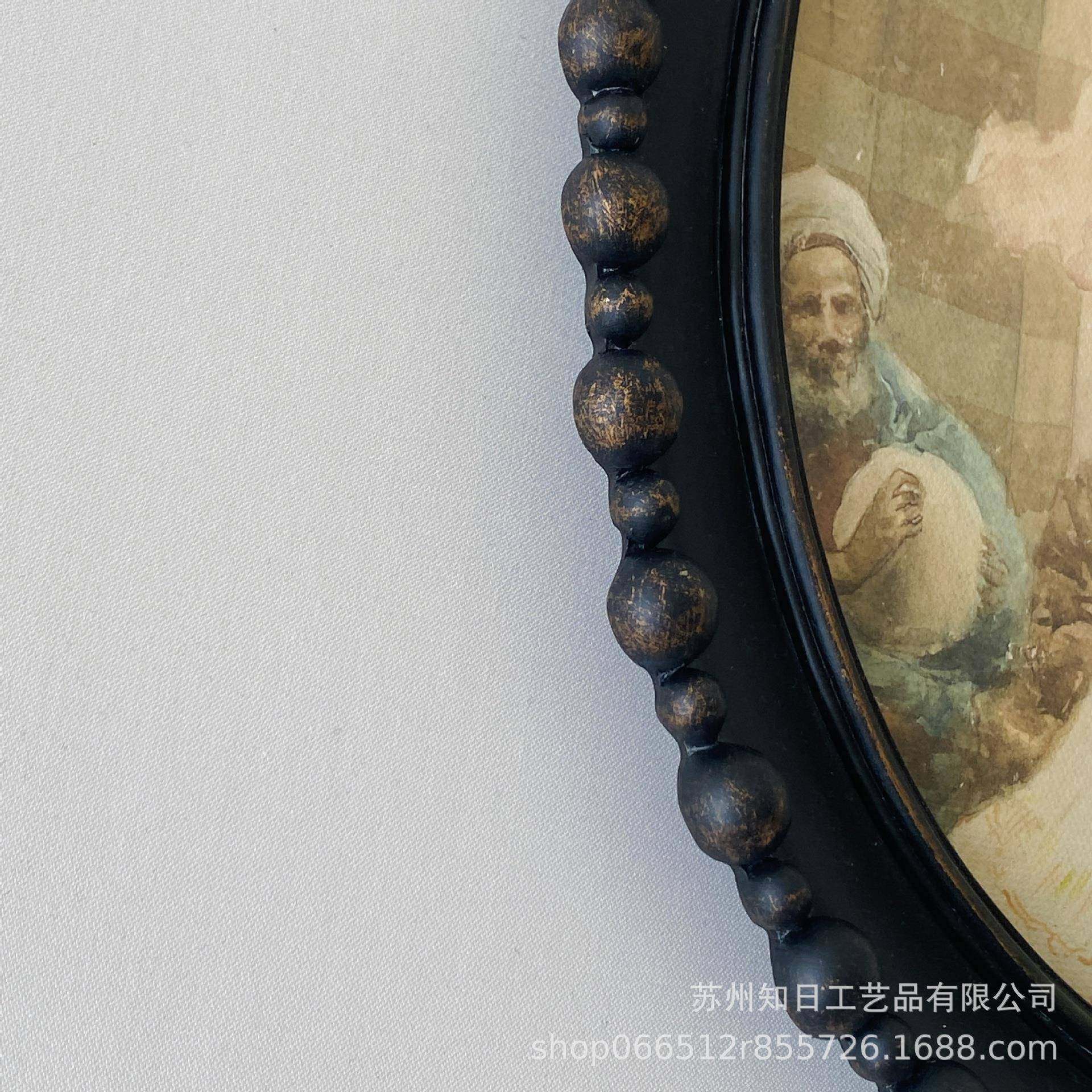 ZXW162A-中古黑色椭圆脂画框框复古黑金圆珠树相装饰墙油画框照片