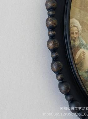 ZXW162A-中古黑色椭圆脂画框框复古黑金圆珠树相装饰墙油画框照片
