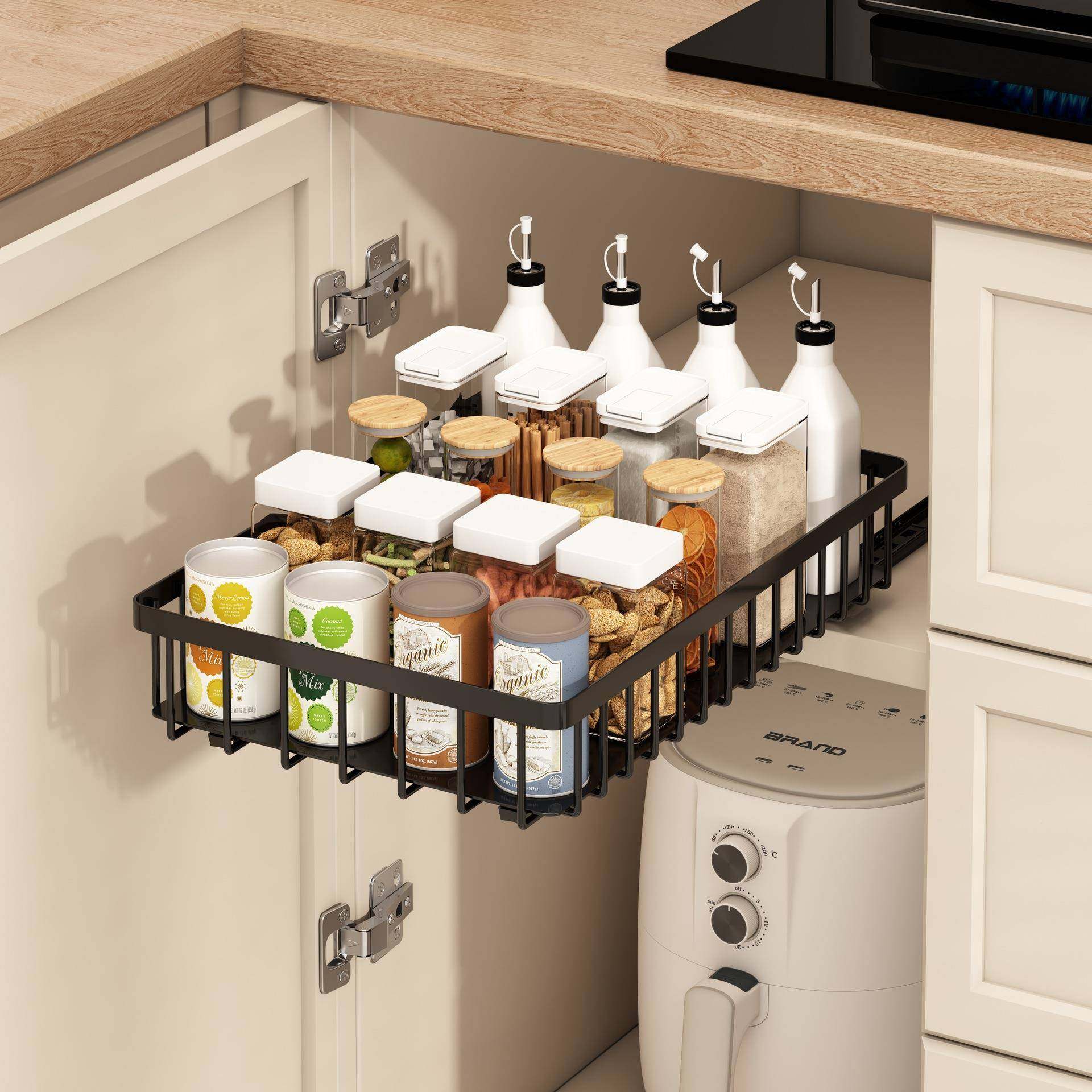 调料抽拉置物架厨房抽拉式置用品收纳篮品可伸缩柜内置拉篮镂空收