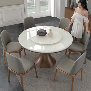 高级感轻奢天然大理石白冰花玉石餐桌带转盘8人家用实Z木圆形饭桌