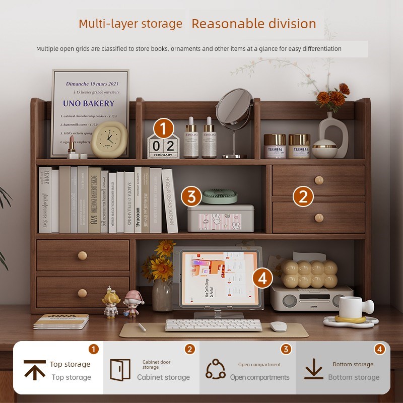 覆古风实木书架桌面置物架桌上收纳架工I位办公桌储物柜子转角书