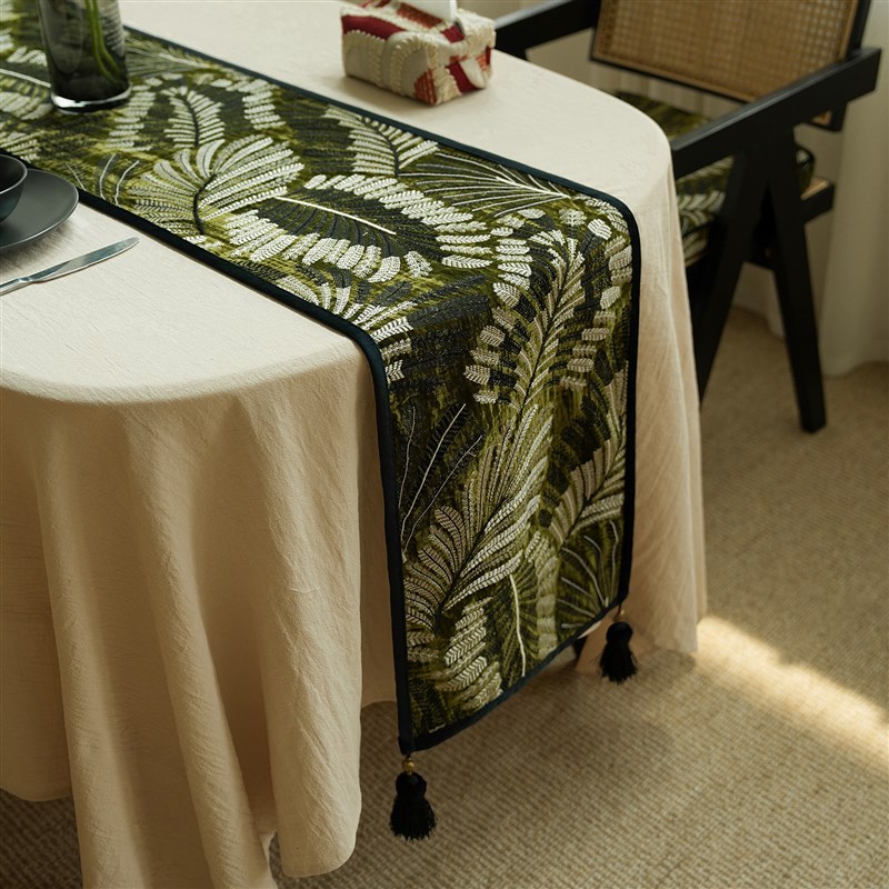 绿底奢金树叶刺绣桌旗氛围感装饰茶桌G垫布茶席餐桌装饰茶几布桌