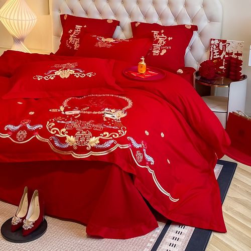 全棉结婚床上用品四件套大红色婚庆纯棉被套床单新婚中式婚礼婚房