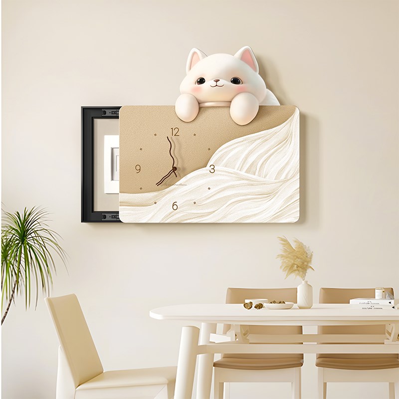 奶油风电表箱装饰画免打孔带钟表餐厅配电箱遮挡装饰电闸箱挂画猫图片