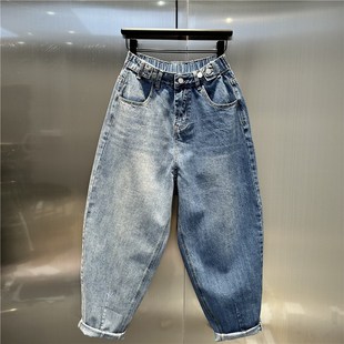 宽松bf风松紧腰老爹裤 欧货2024年春秋新款 阴阳撞色牛仔大垮裤
