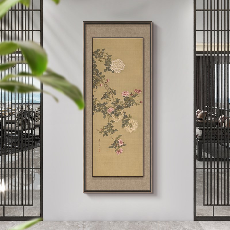《蔷薇绣球图》入户玄关装饰画立体画新中式走廊竖版花卉挂画图片