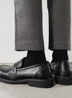 潮男皮鞋男黑色百搭一脚蹬懒人鞋小众设计感英伦方头男鞋套脚